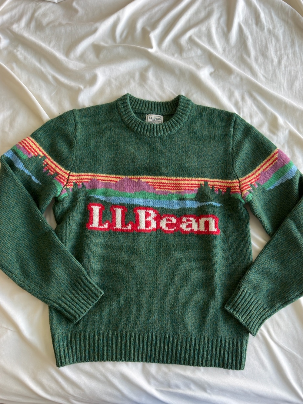 L.L. Bean Forest Green Logo Crewneck Sweater Size Small 100% Wool